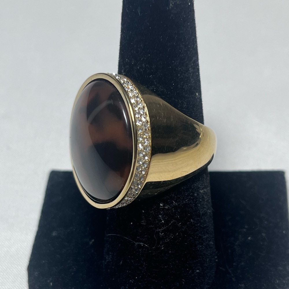 Michael Kors Gold-Tone Ring with Brown Cabochon and Crystal Halo